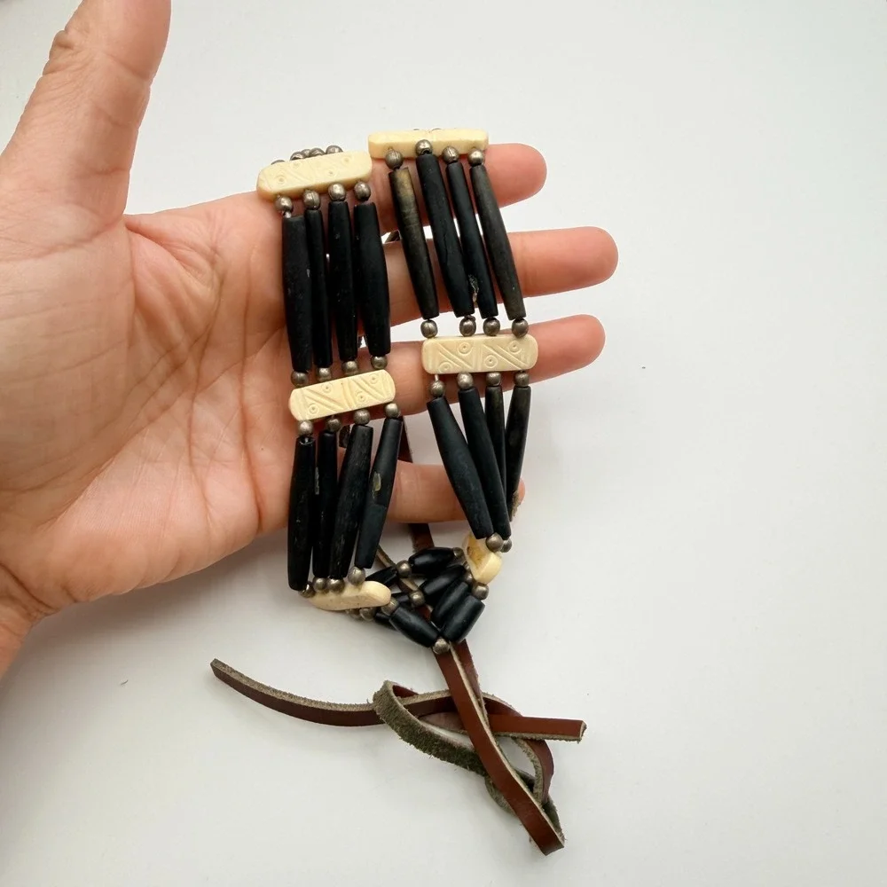 Vintage 90s Tribal Statement Necklace Wood Glass Beads Leather Cord Boho Jewelry